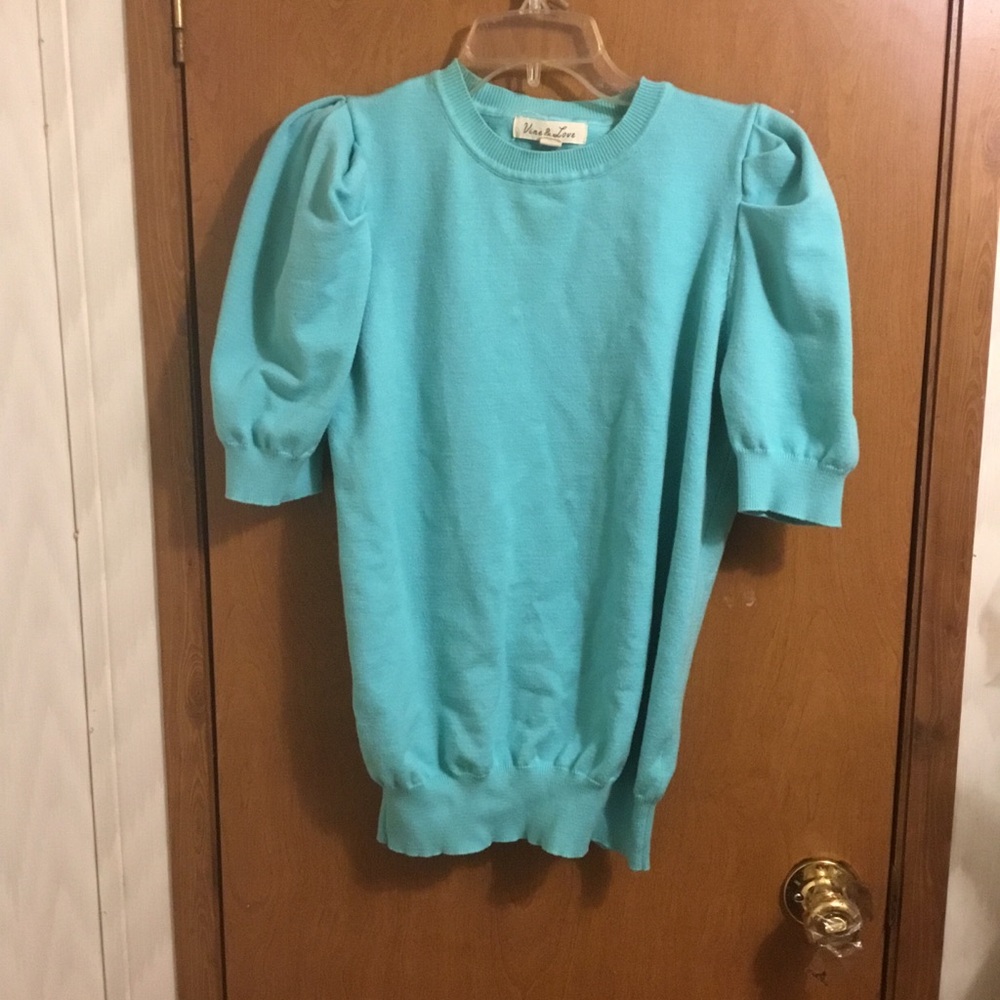 Vine & Love Aqua Puff Sleeve Knit Top L